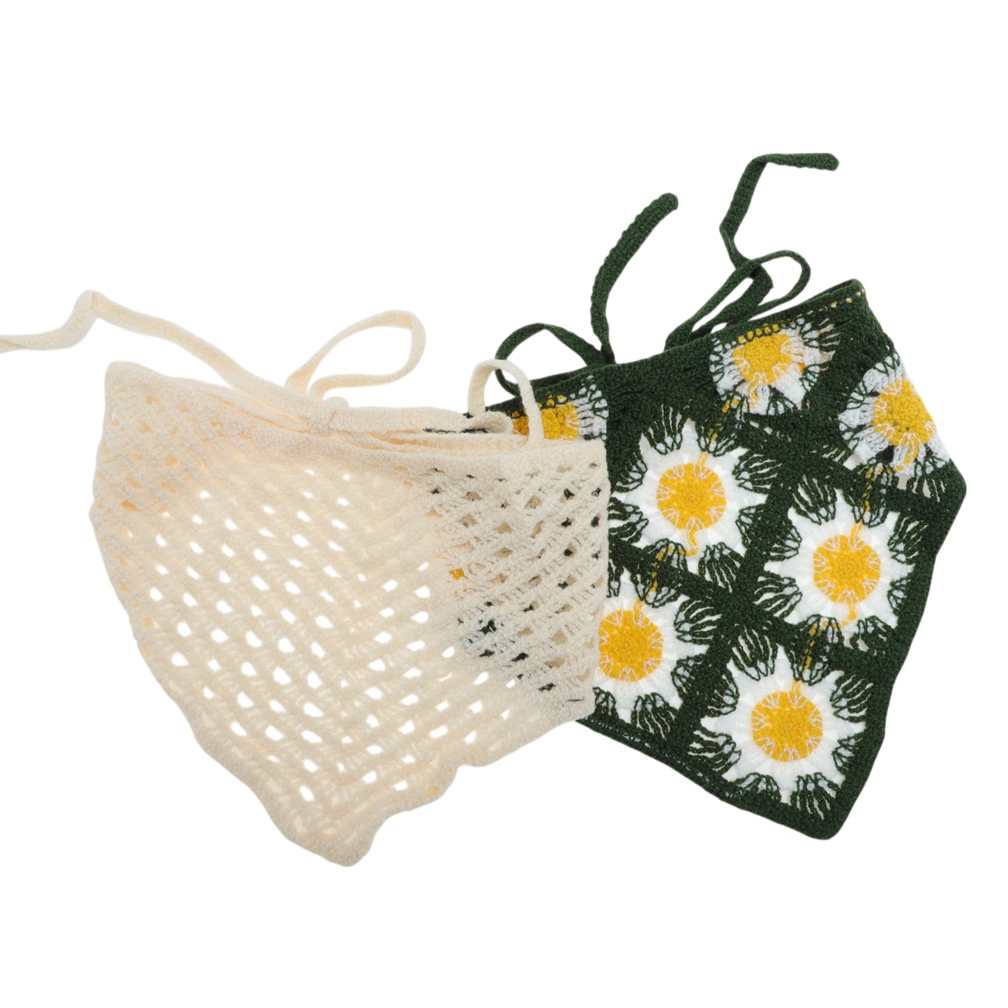 Knitted Triangle Bandana for Women Dark Green Beige 2 Pcs