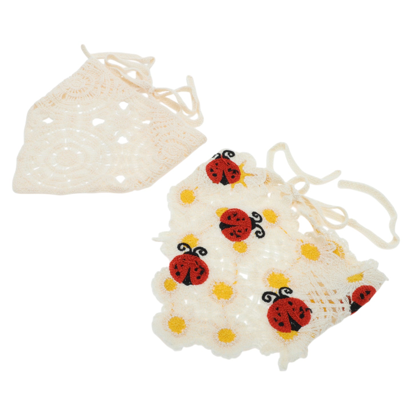 Floral Knitted Triangle Bandana for Women White Beige 2 Pcs