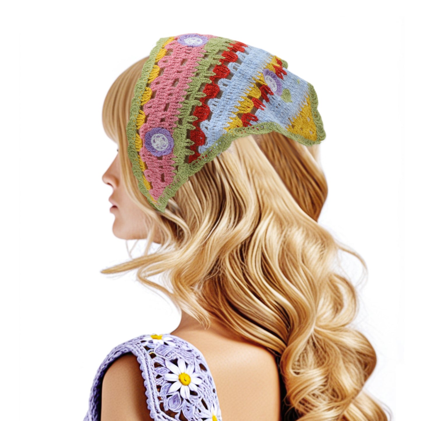 Knitted Triangle Bandana for Women Pink Green Beige 2 Pcs
