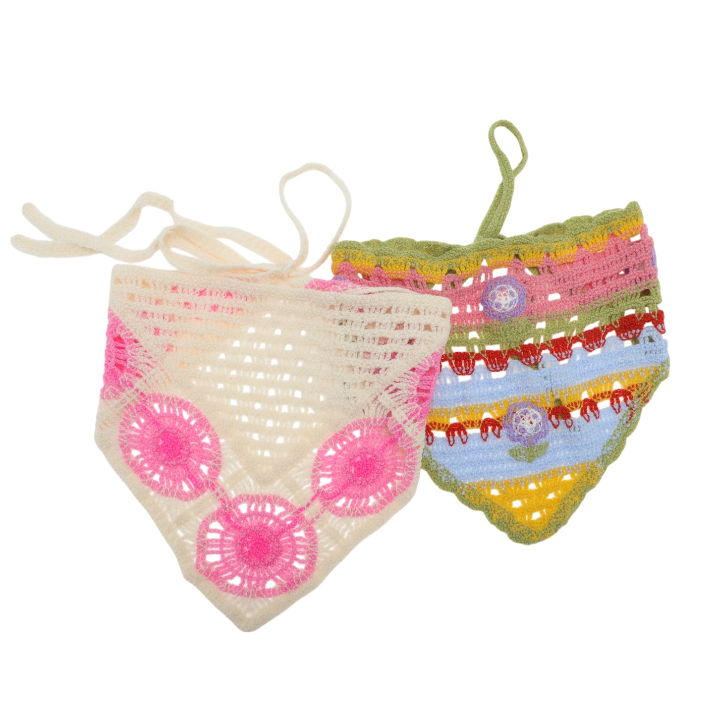 Knitted Triangle Bandana for Women Pink Green Beige 2 Pcs