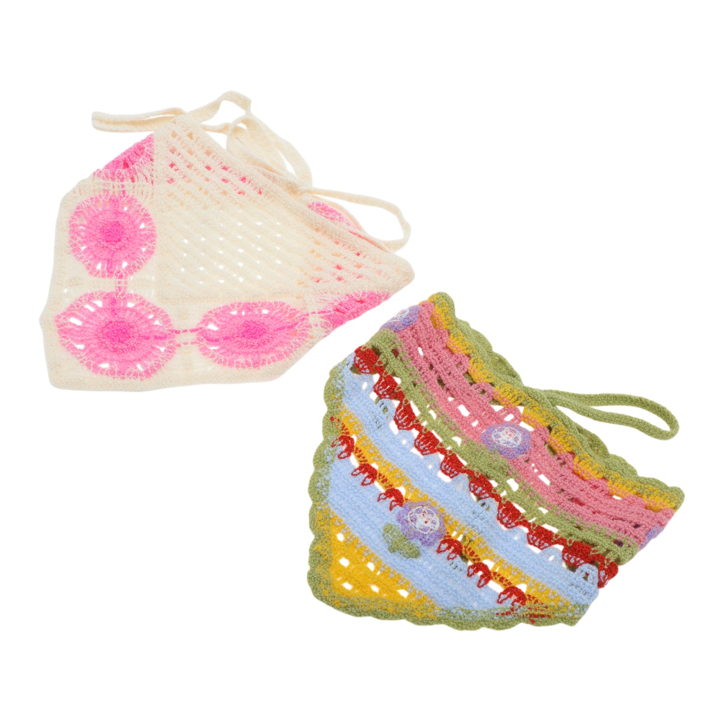 Knitted Triangle Bandana for Women Pink Green Beige 2 Pcs