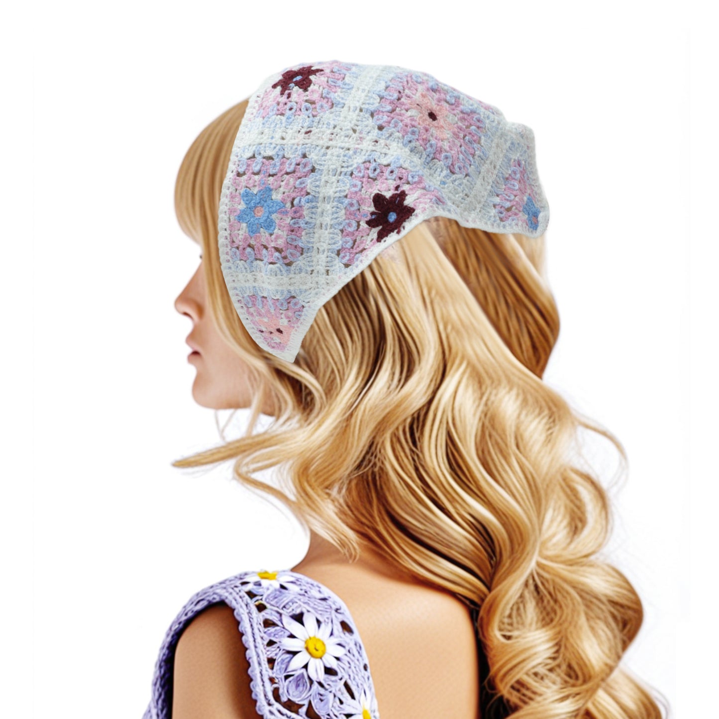Flower Knitted Triangle Bandana for Women White Purple Sky Blue 2 Pcs