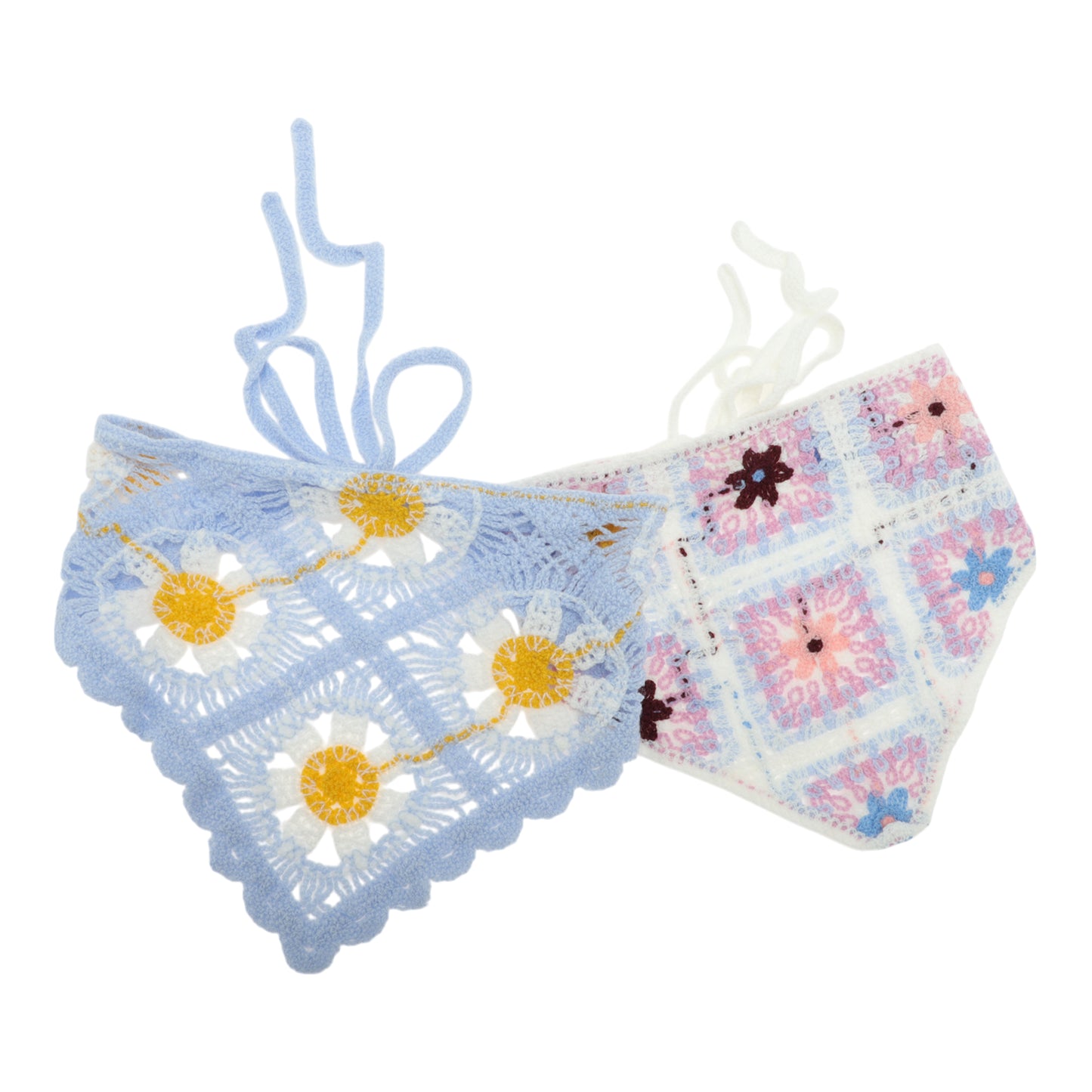Flower Knitted Triangle Bandana for Women White Purple Sky Blue 2 Pcs