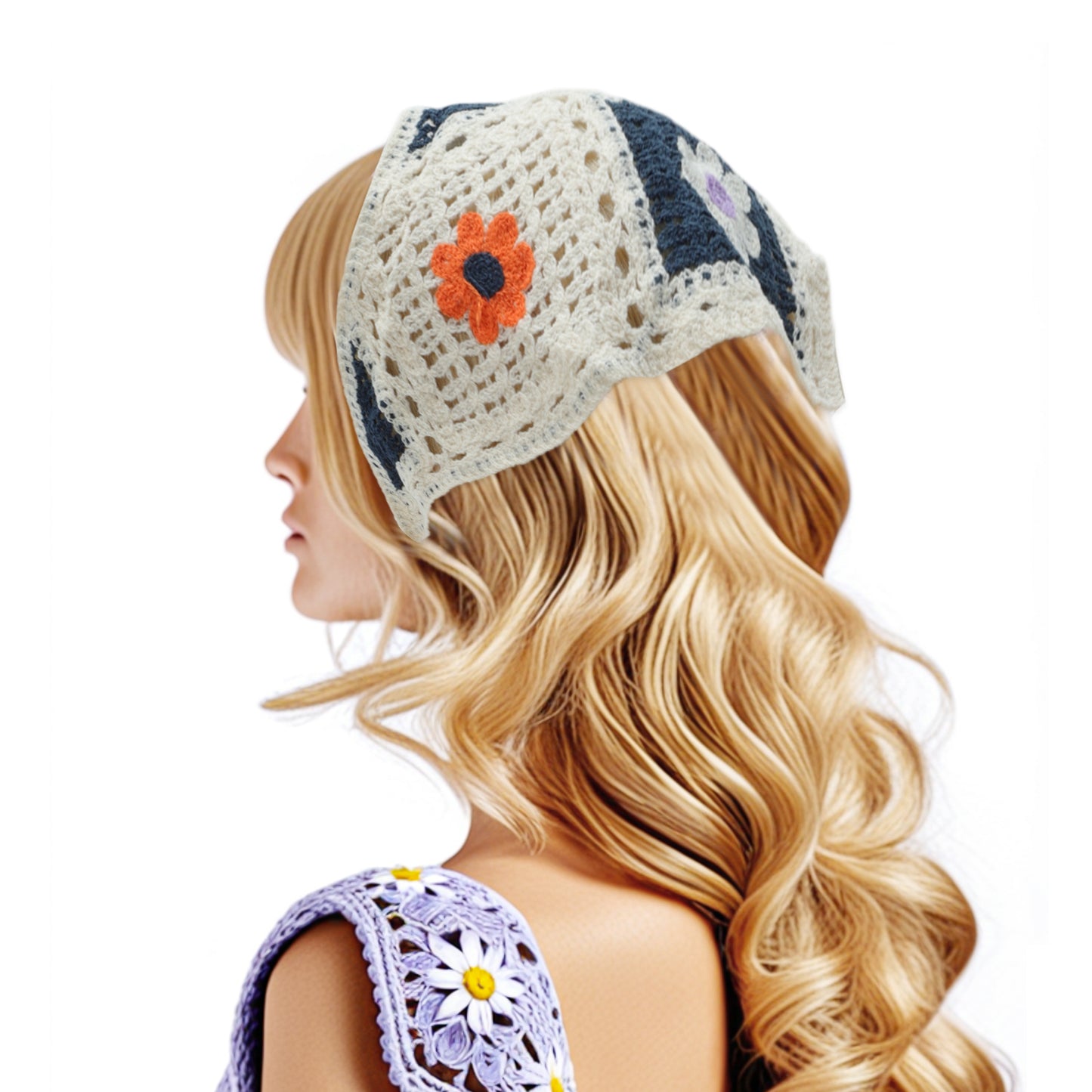 Small Flowers Knitted Triangle Bandana for Women Beige Black 2 Pcs