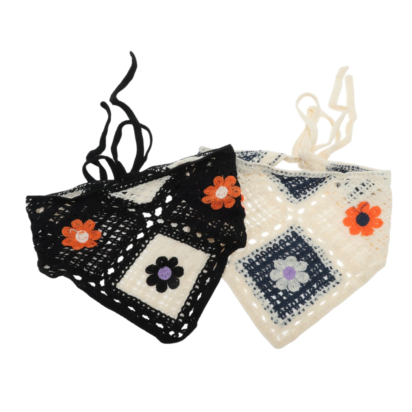 Small Flowers Knitted Triangle Bandana for Women Beige Black 2 Pcs