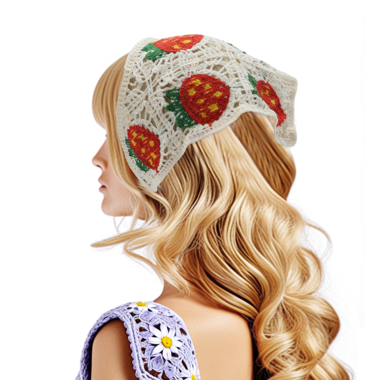Strawberry Flowers Knitted Triangle Bandana for Women Beige 2 Pcs