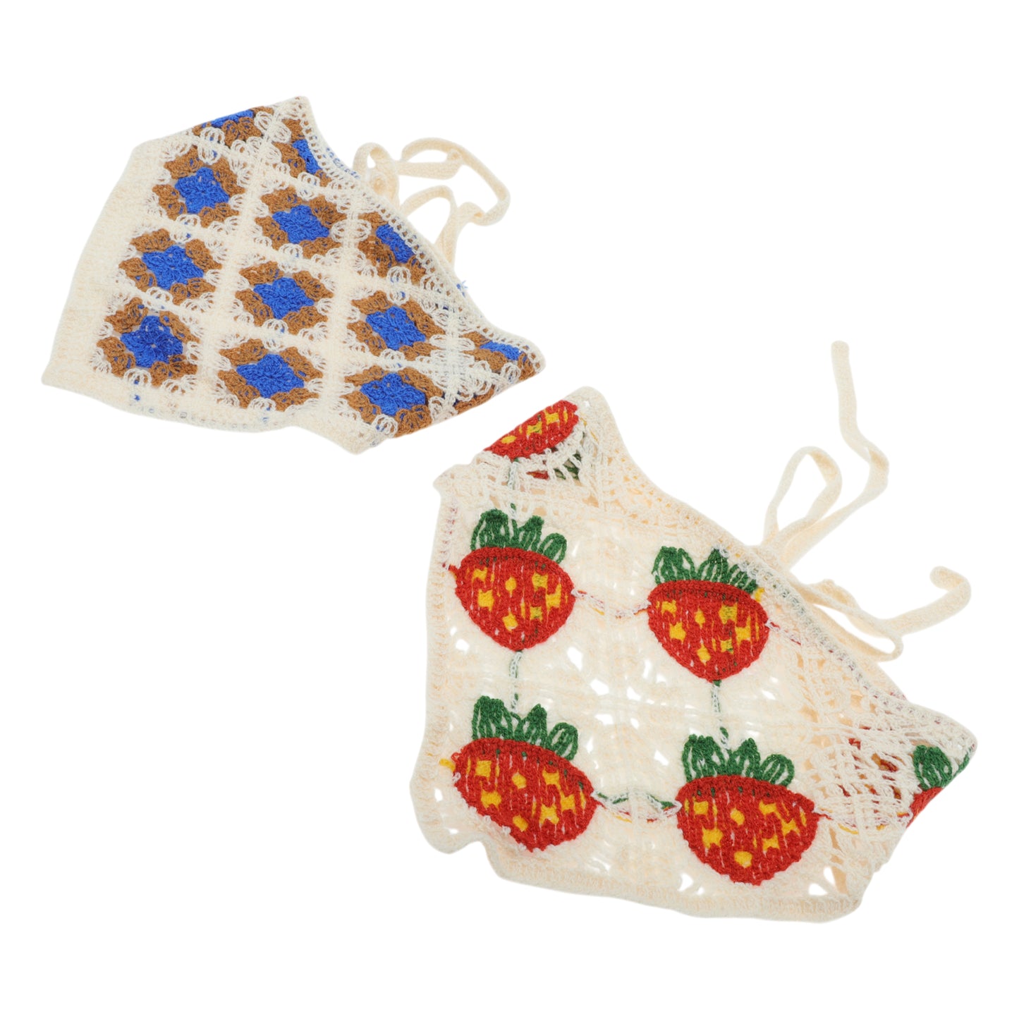 Strawberry Flowers Knitted Triangle Bandana for Women Beige 2 Pcs