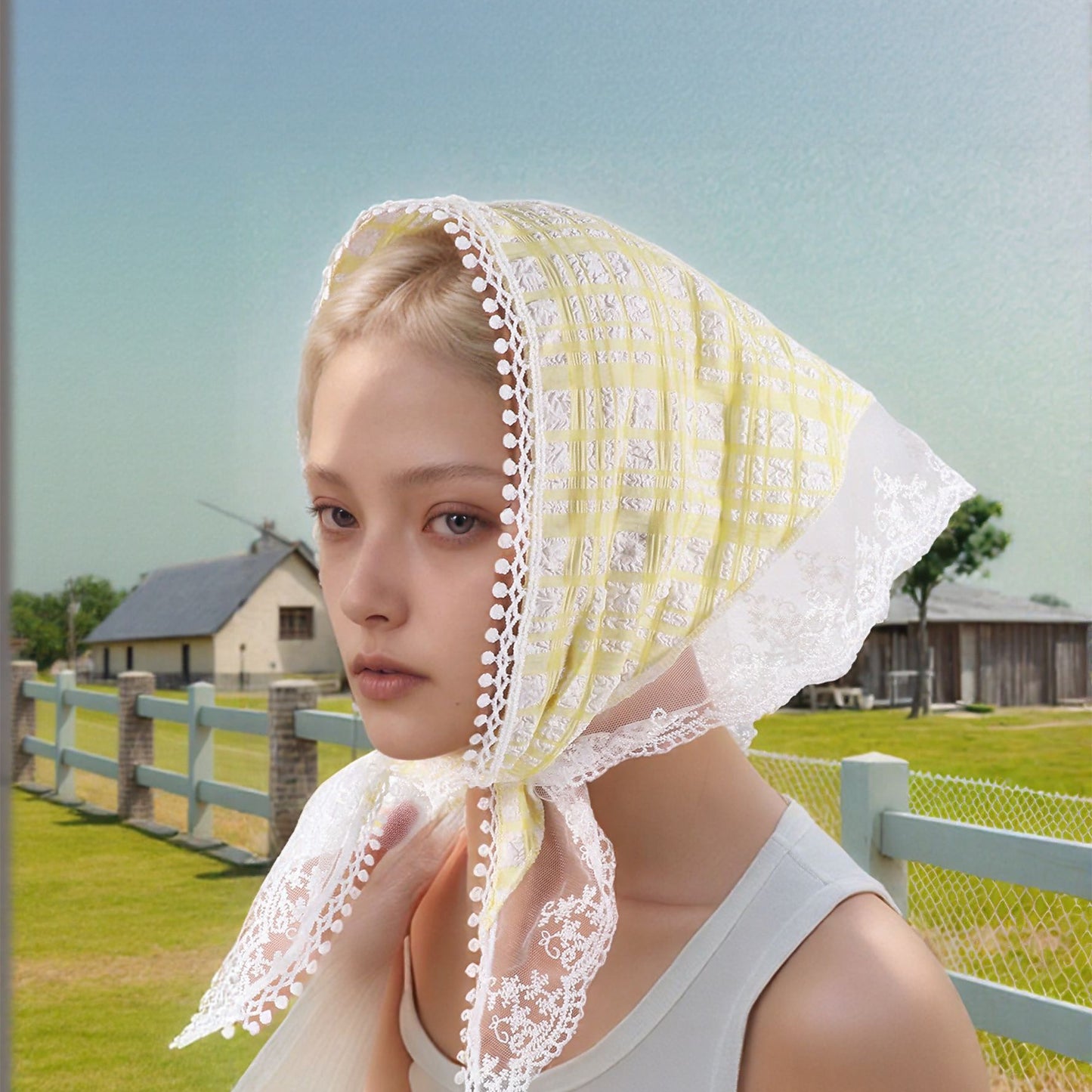 Plaid French Lace Triangle Bandana for Women Yellow White 1 Pc