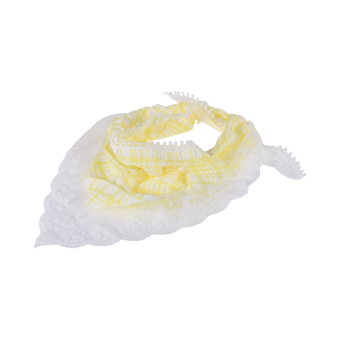 Plaid French Lace Triangle Bandana for Women Yellow White 1 Pc