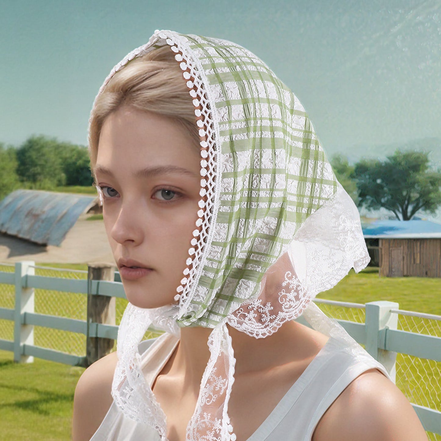 Plaid French Lace Triangle Bandana for Women Green 1 Pc