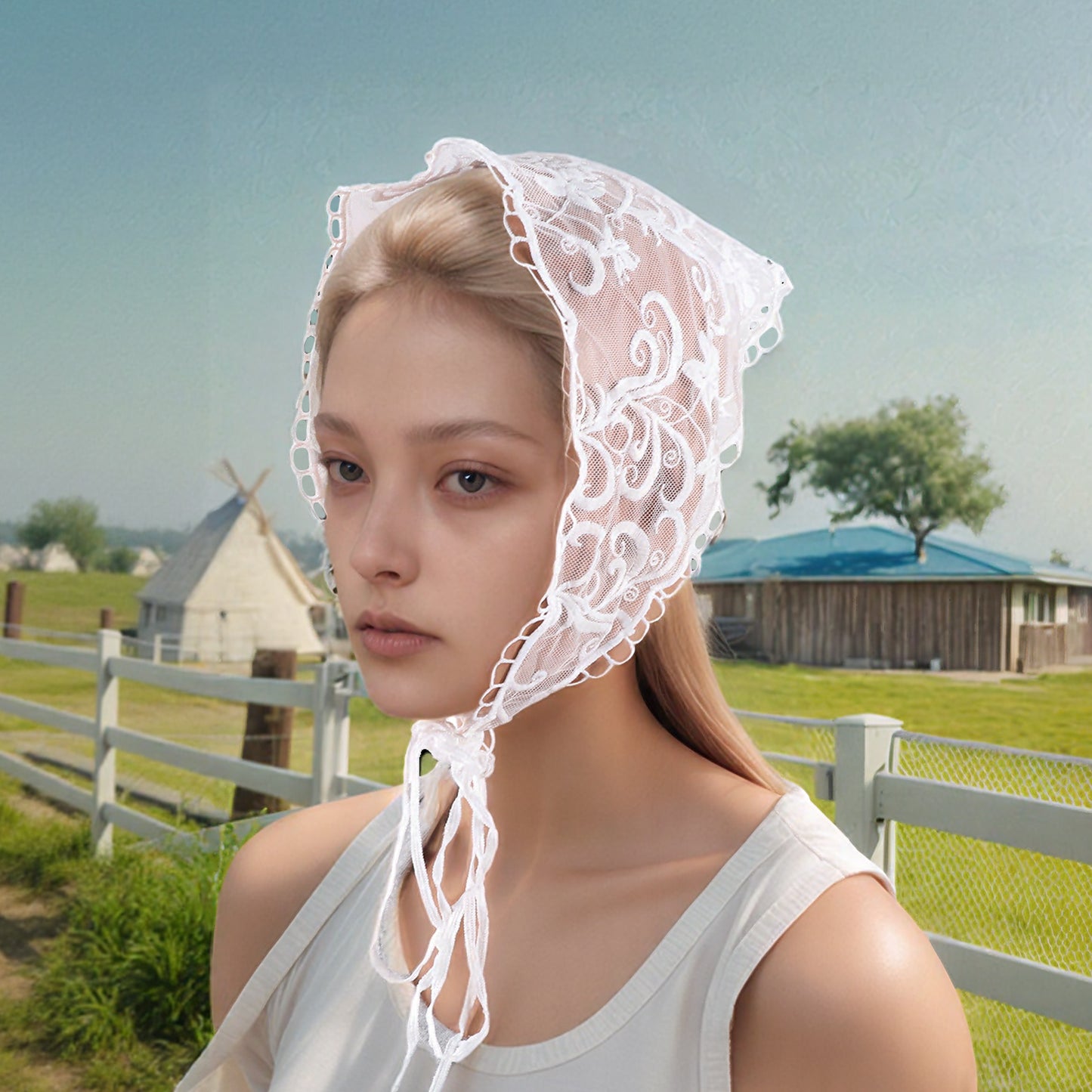 Tree French Lace Triangle Bandana for Women White 1 Pc