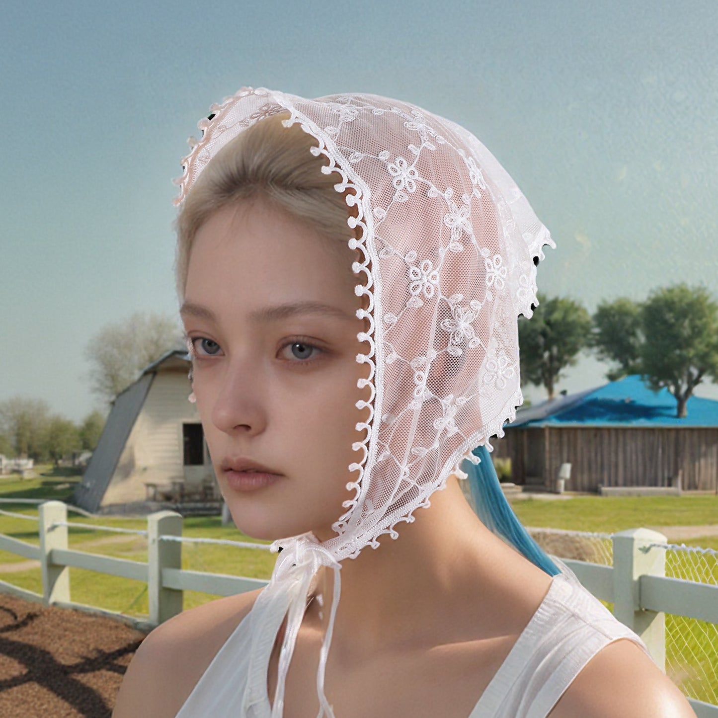Rhombus Flower French Lace Triangle Bandana for Women White 1 Pc