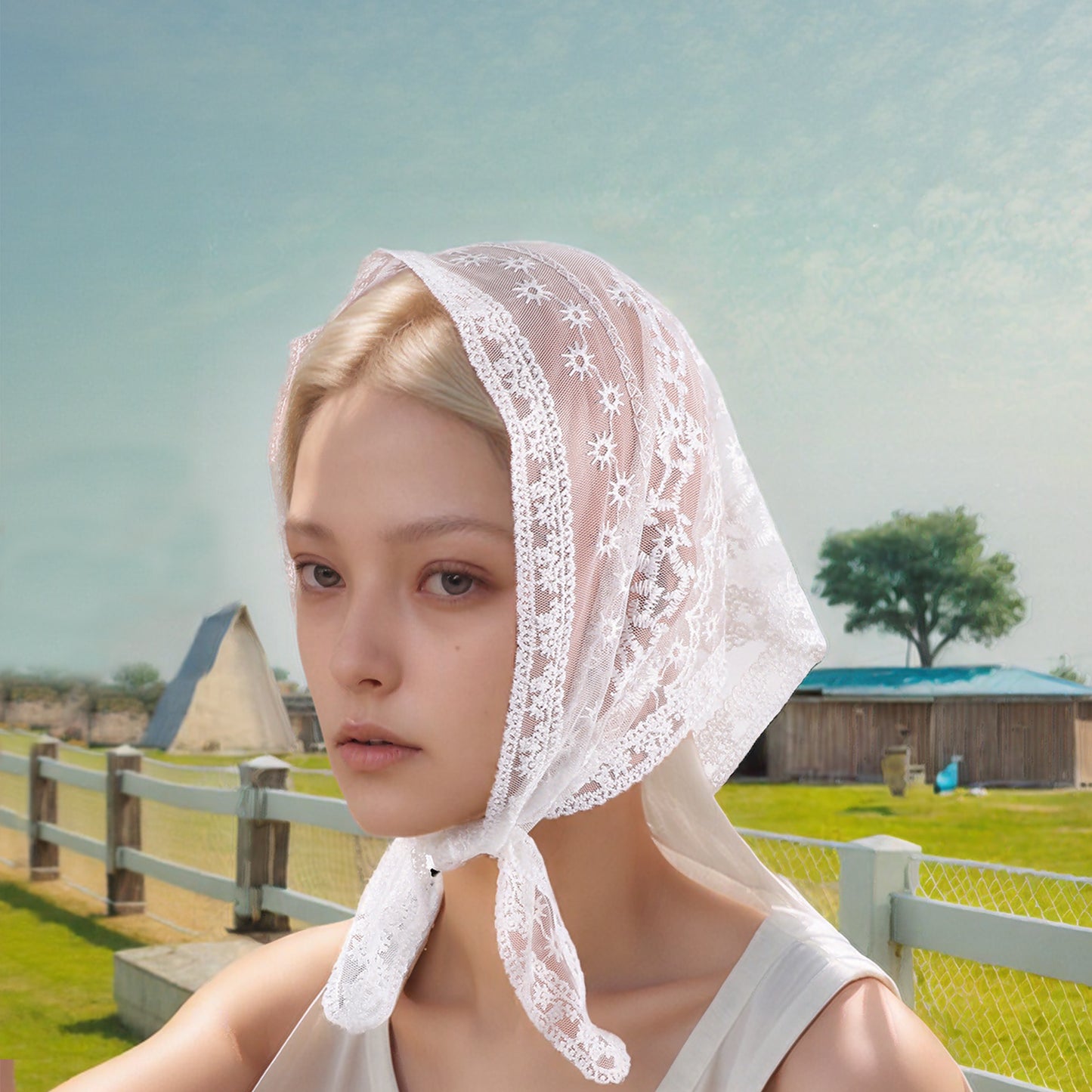 Vertical Flower French Lace Triangle Bandana for Women White 1 Pc