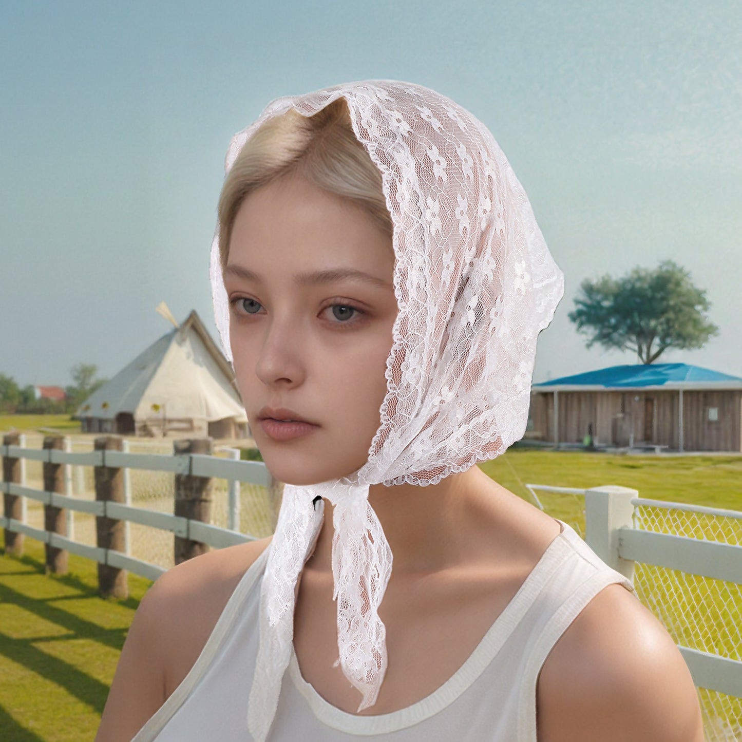 Little Flower French Lace Triangle Bandana for Women White 1 Pc