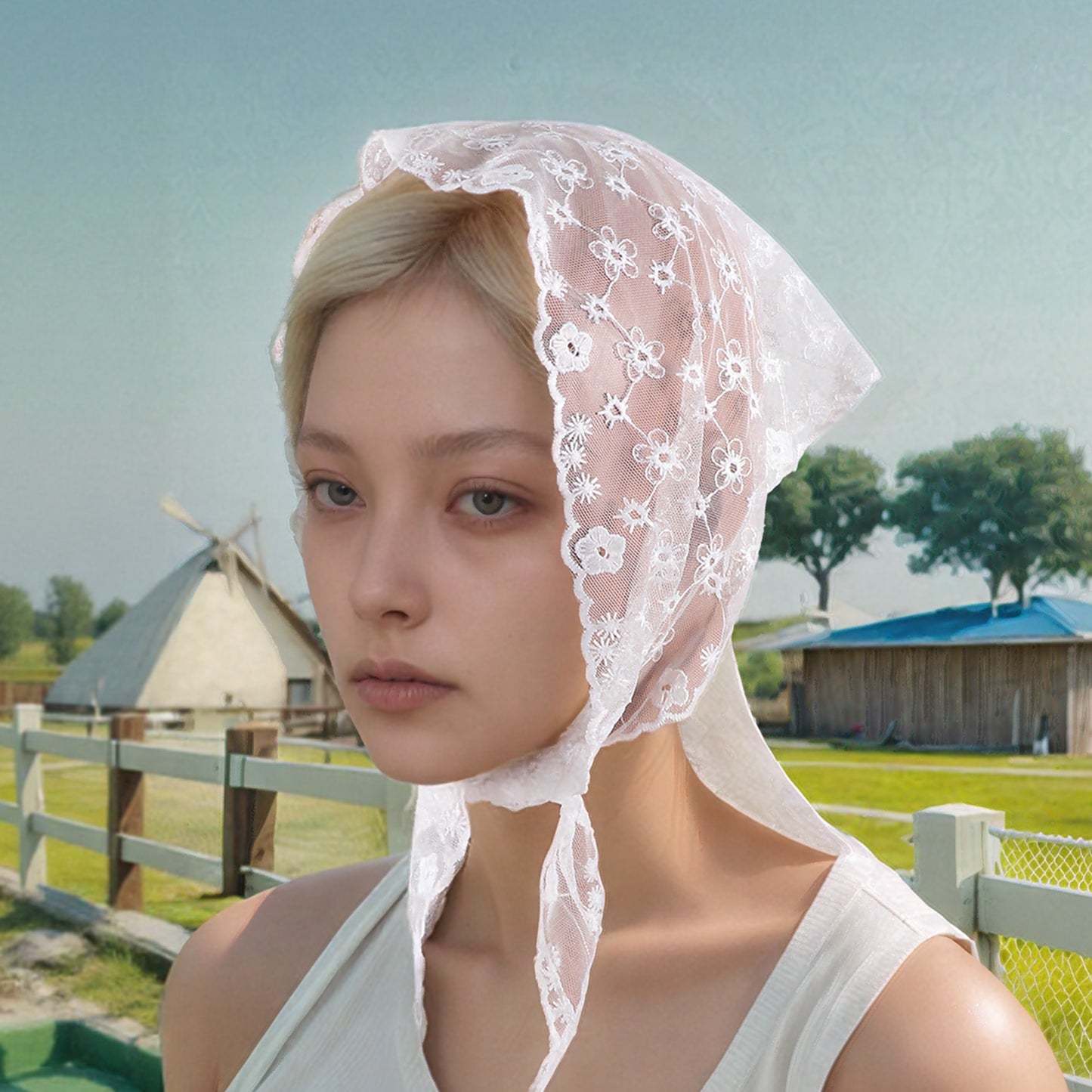 Five-petal Flower French Lace Triangle Bandana for Women White 1 Pc