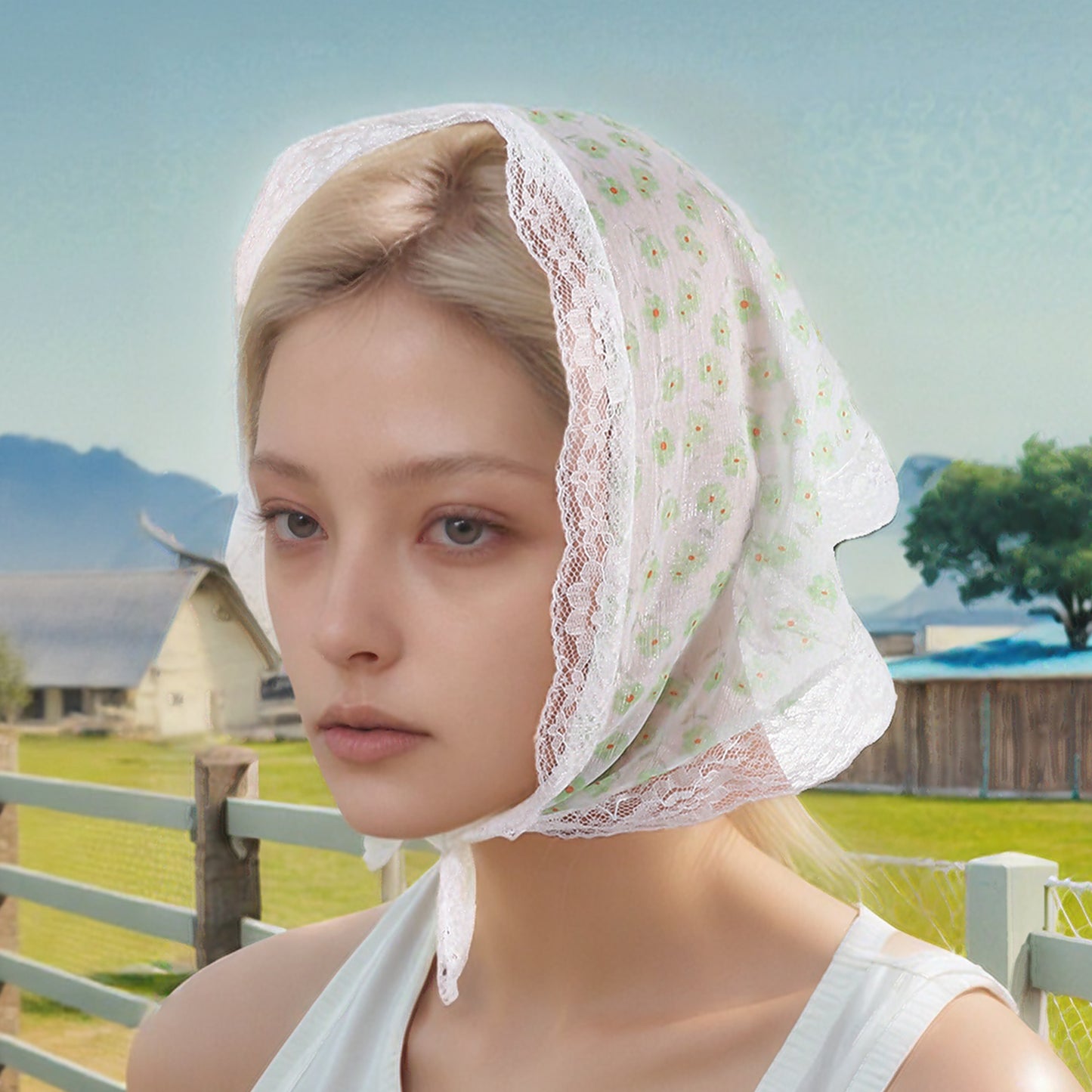 Green Little Flower French Lace Triangle Bandana for Women Beige 1 Pc