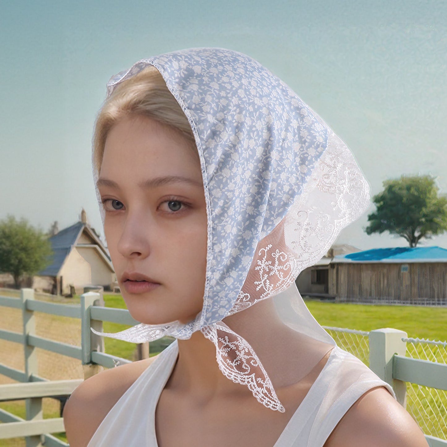 Floral French Lace Triangle Bandana for Women Blue 1 Pc