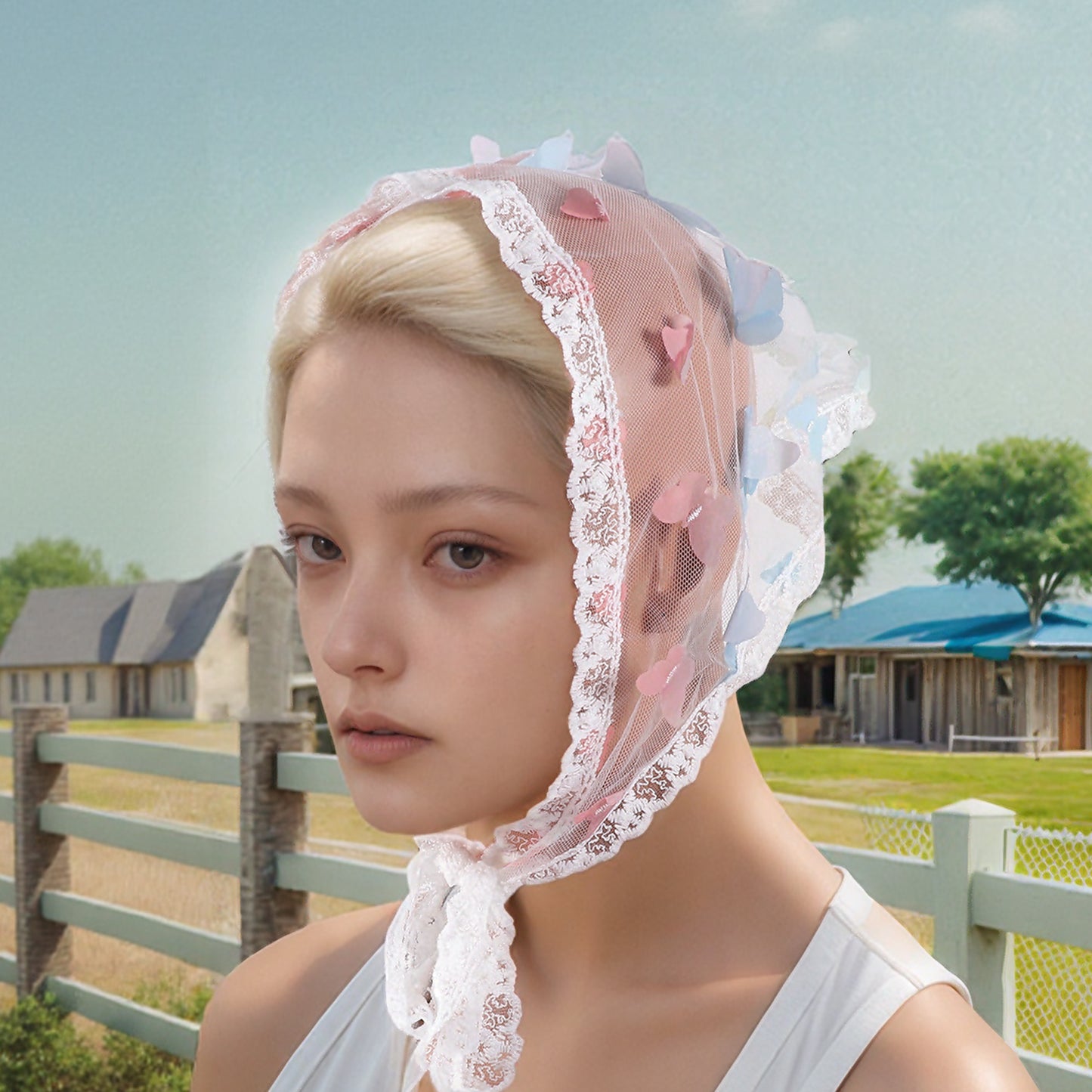 Butterfly French Lace Triangle Bandana for Women Beige Blue 1 Pc