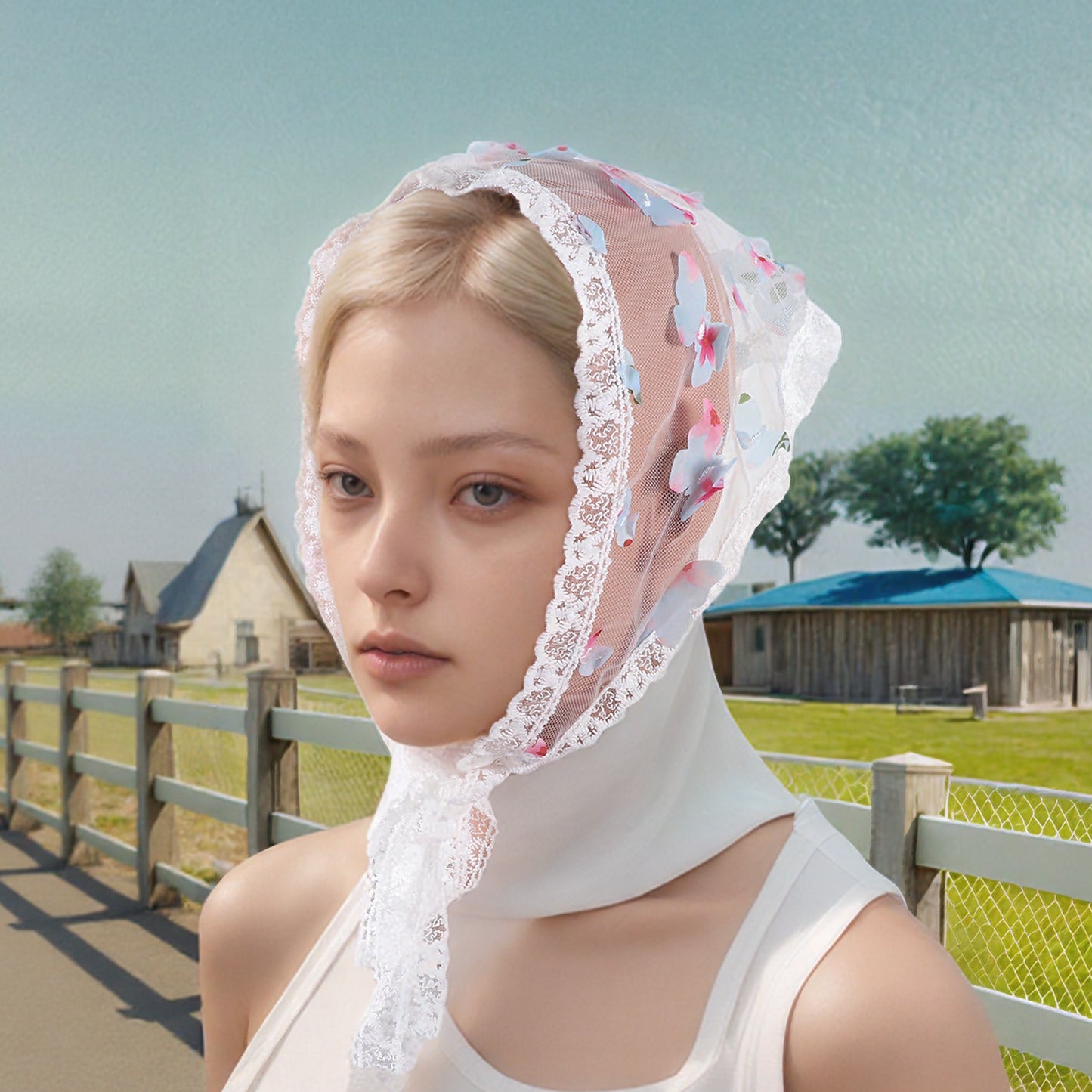 Butterfly Flower French Lace Triangle Bandana for Women Beige Pink 1 Pc