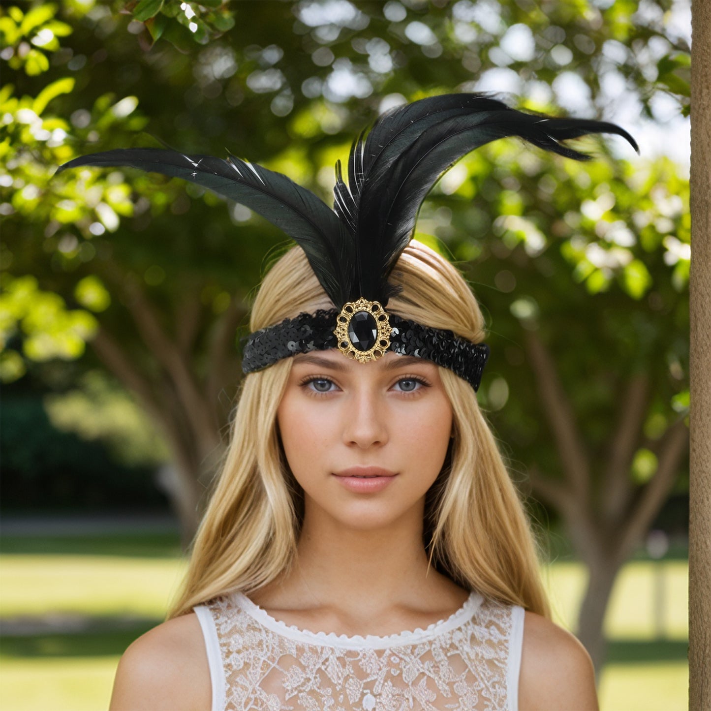 Feather Sequins Headband for Women Black 1 Pc