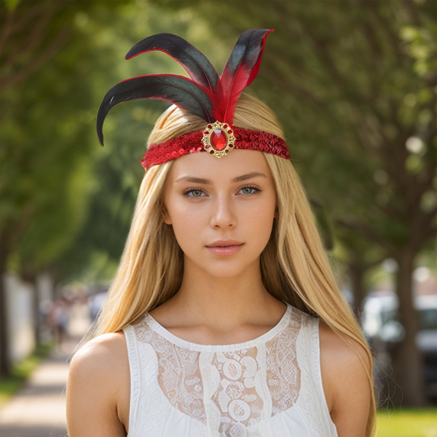 Feather Sequins Headband for Women Red 1 Pc