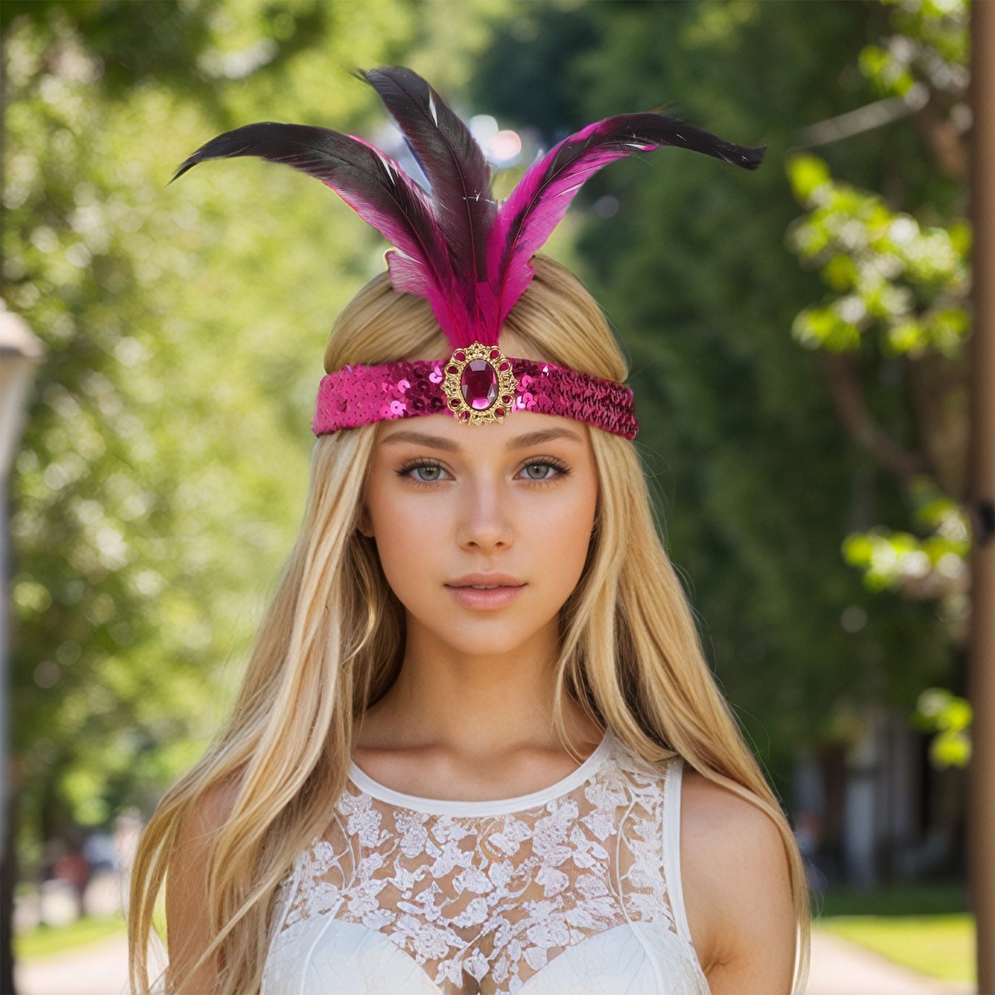 Feather Sequins Headband for Women Rose Red 1 Pc