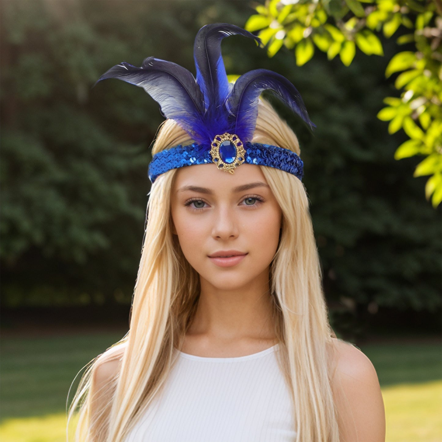 Feather Sequins Headband for Women Blue 1 Pc