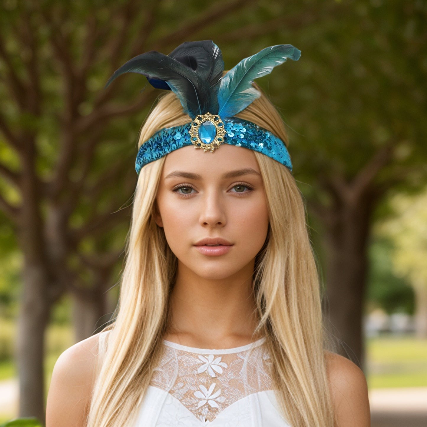 Feather Sequins Headband for Women Lake Blue 1 Pc