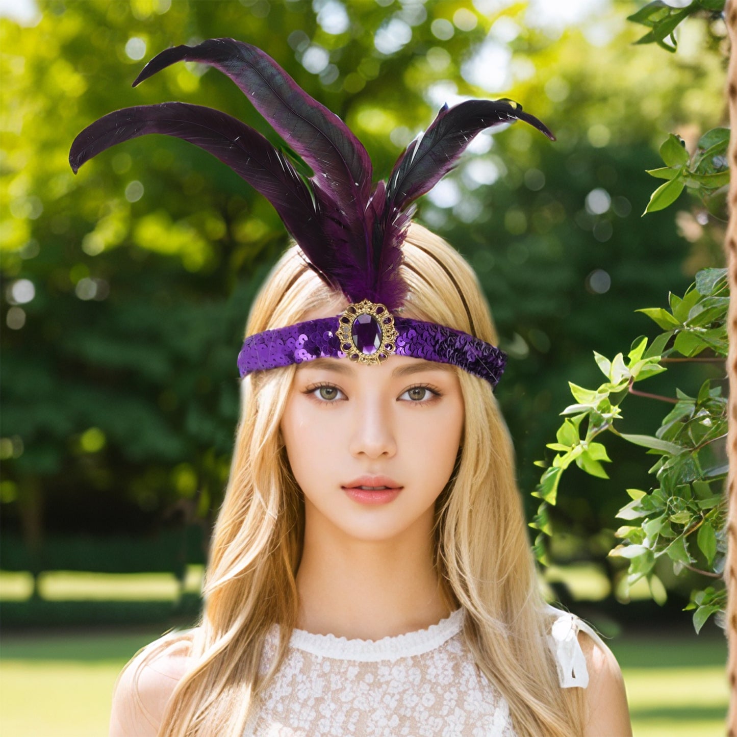 Feather Sequins Headband for Women Purple 1 Pc
