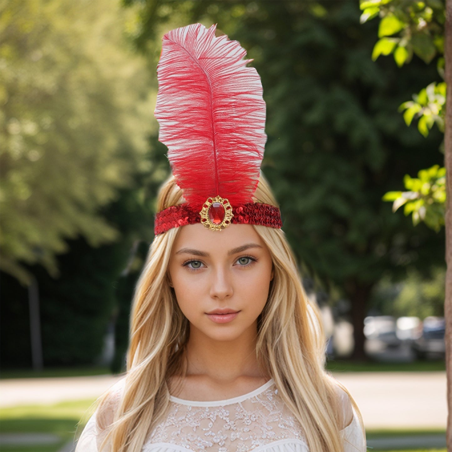 Diadema con plumas y lentejuelas de imitación de diamante para mujer, color rojo, 1 unidad