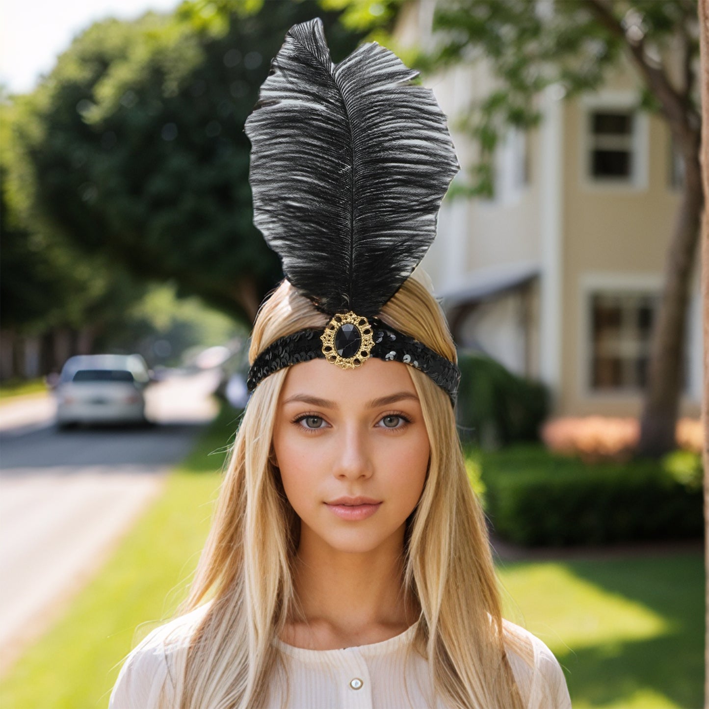 Feather Faux Diamond Sequins Headband for Women Black 1 Pc
