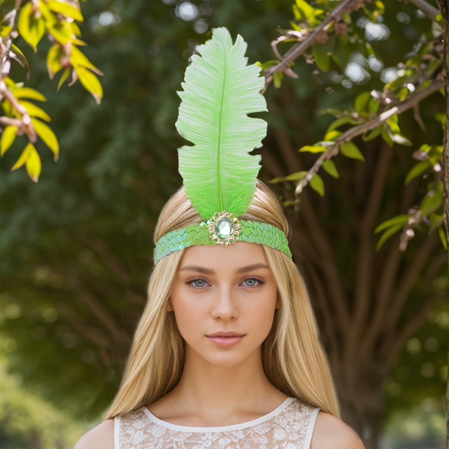 Diadema con plumas y lentejuelas de imitación de diamante para mujer, color verde claro, 1 unidad