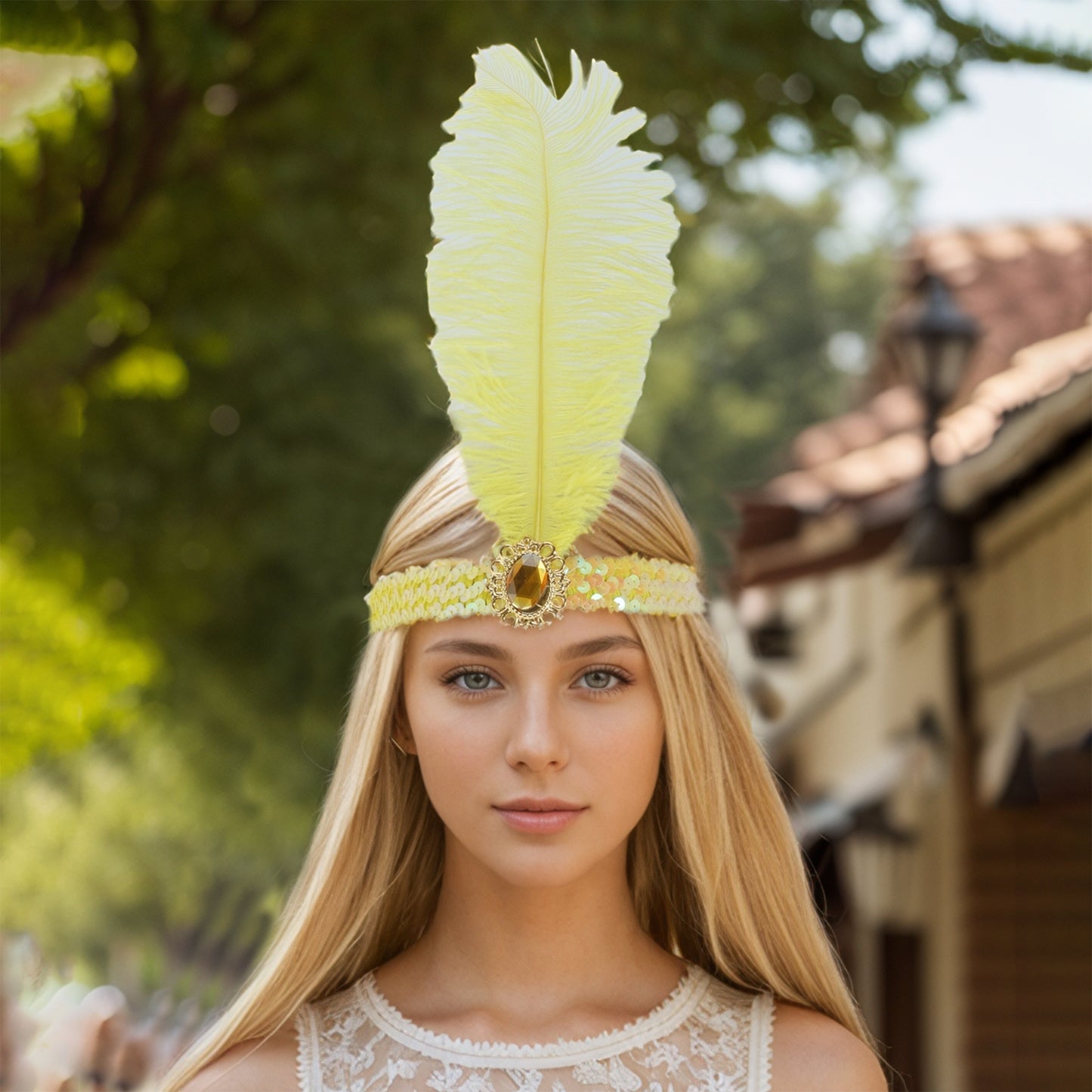 Diadema con plumas y lentejuelas de imitación de diamante para mujer, color amarillo, 1 unidad
