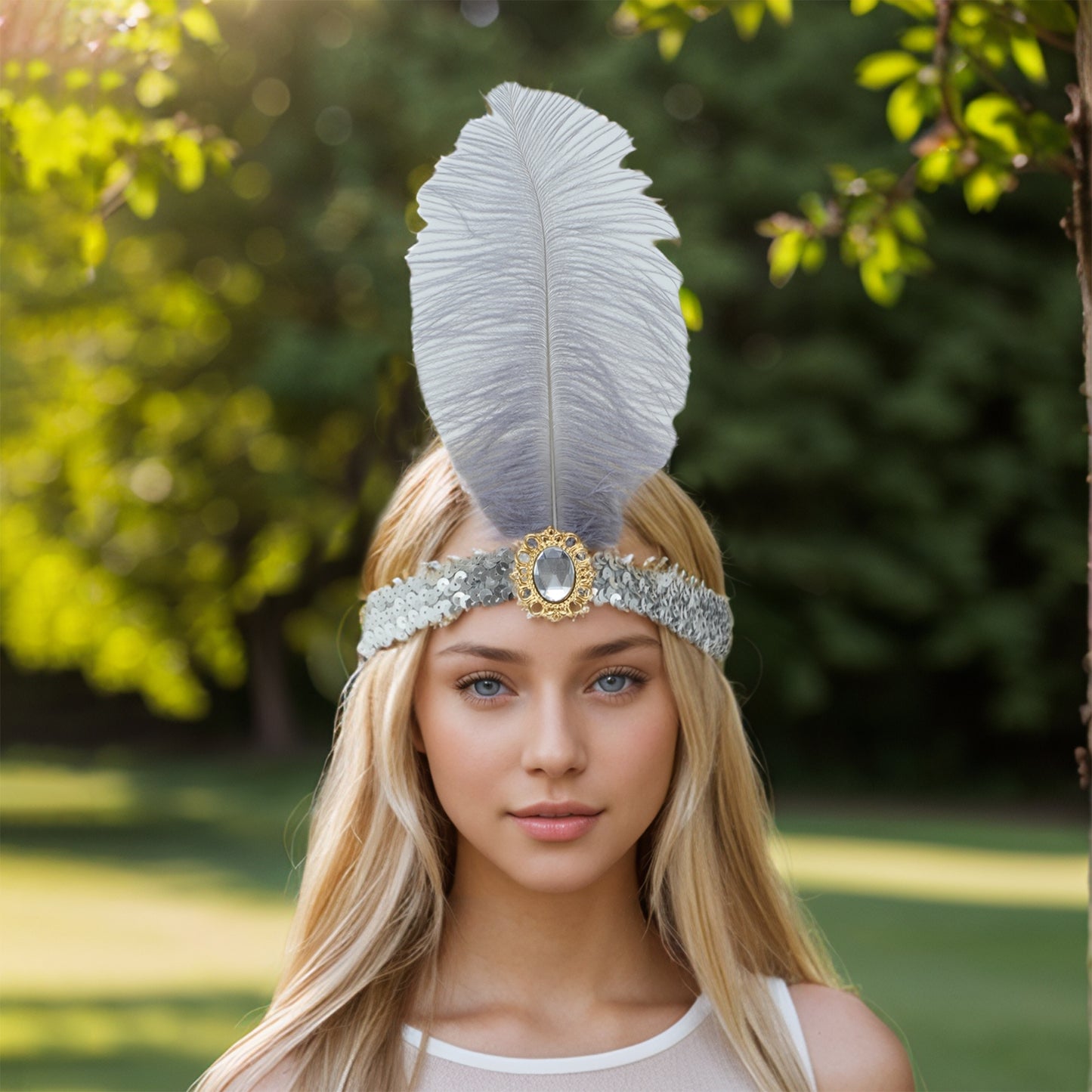 Diadema con plumas y lentejuelas de imitación de diamante para mujer, tono plateado y gris, 1 unidad