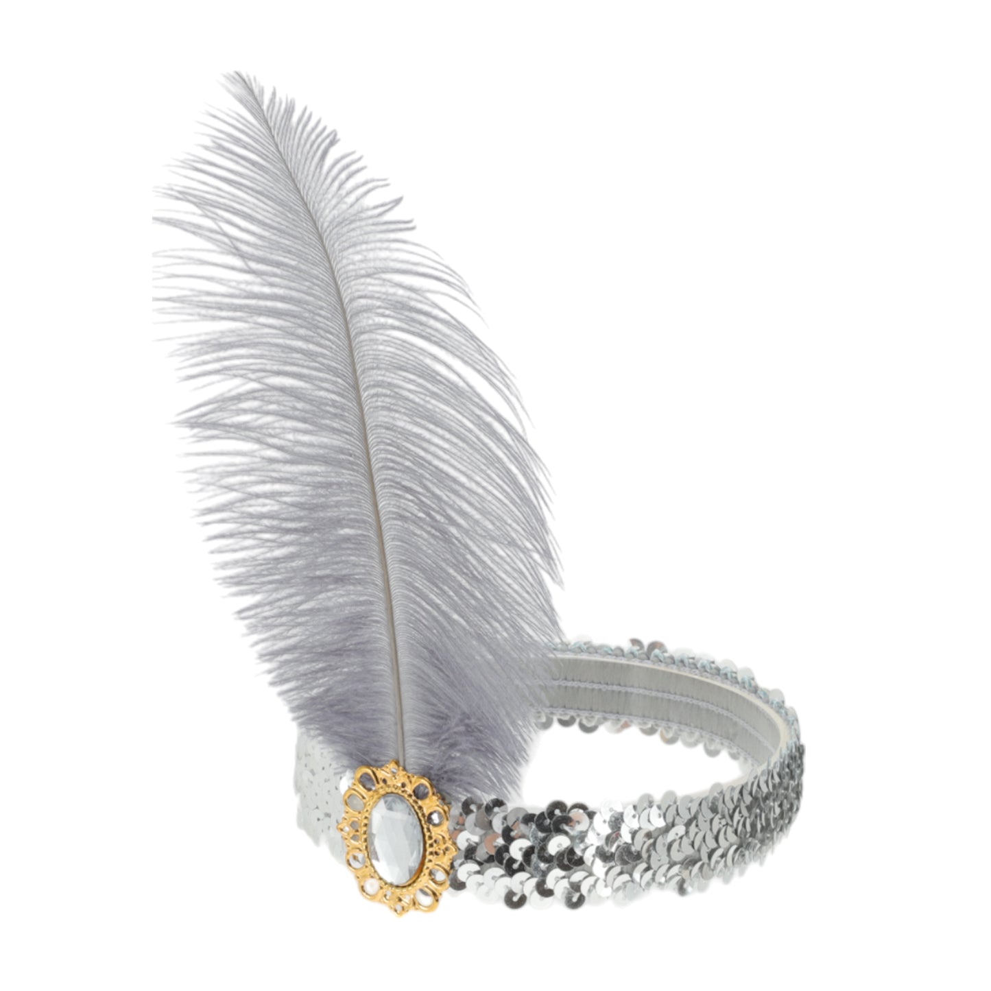 Diadema con plumas y lentejuelas de imitación de diamante para mujer, tono plateado y gris, 1 unidad
