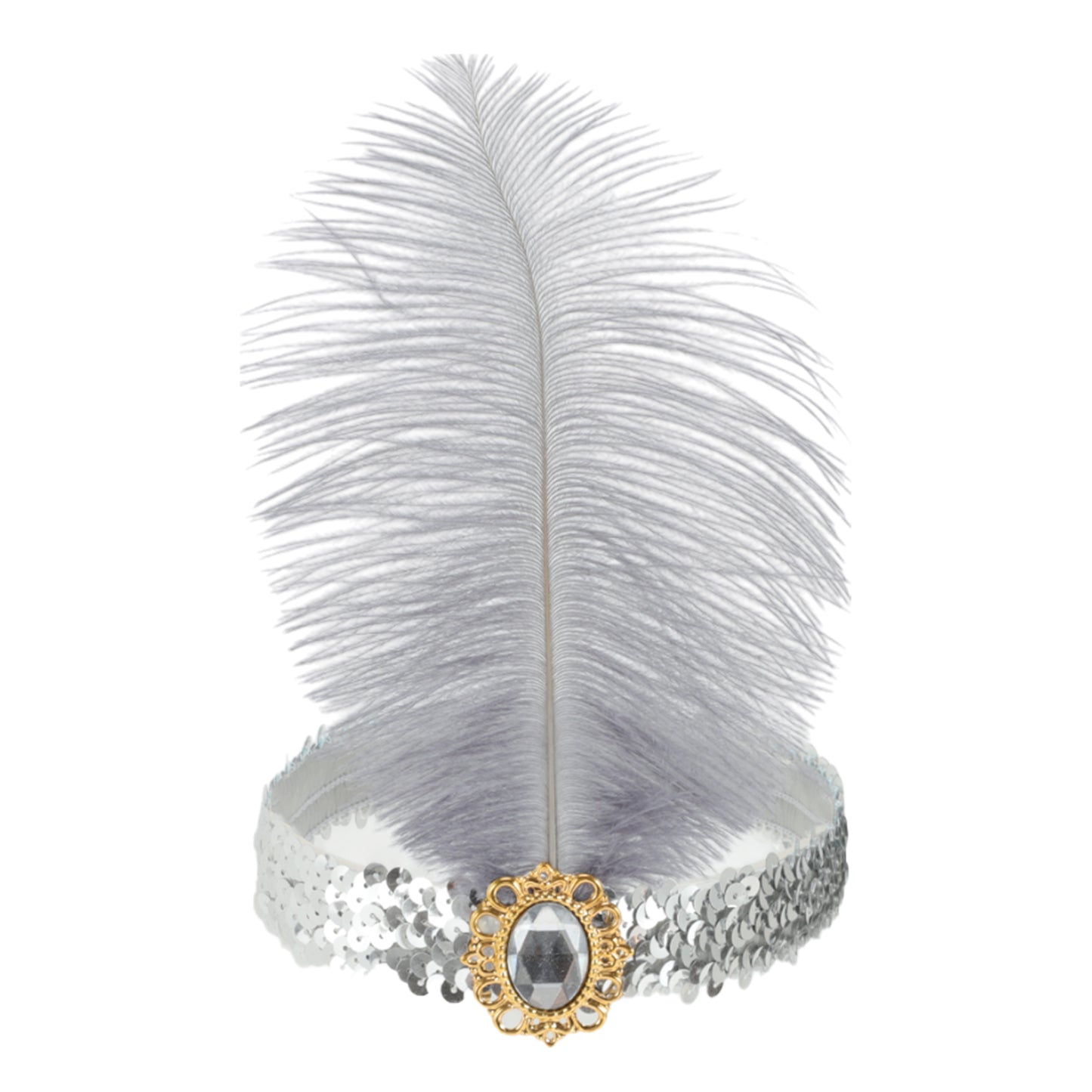 Diadema con plumas y lentejuelas de imitación de diamante para mujer, tono plateado y gris, 1 unidad
