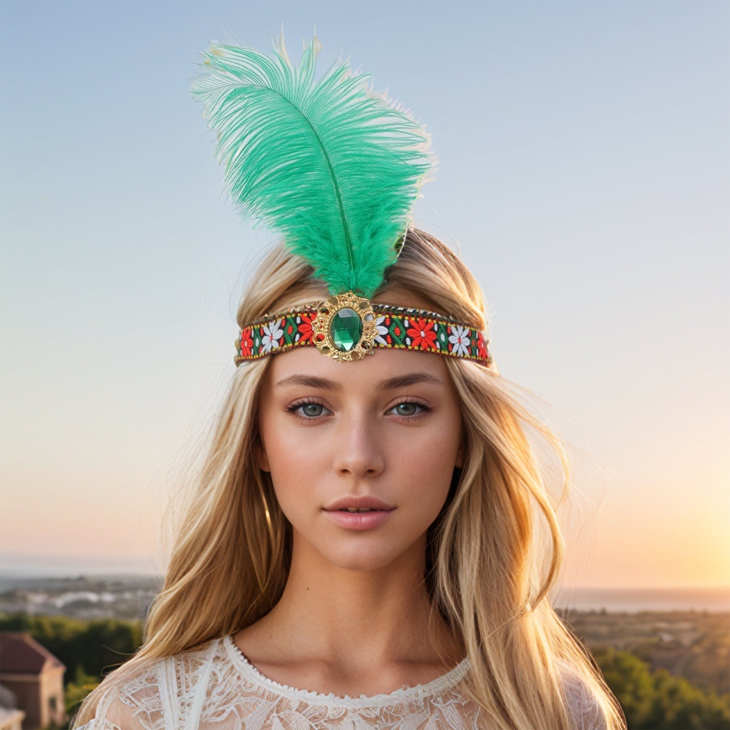 Tribal Style Feather Headband for Women Green 1 Pc