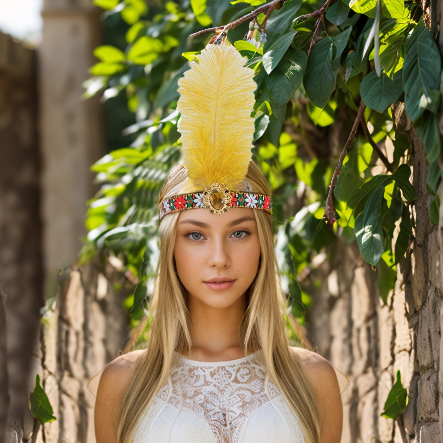 Diadema de plumas estilo tribal para mujer, tono dorado y amarillo, 1 unidad