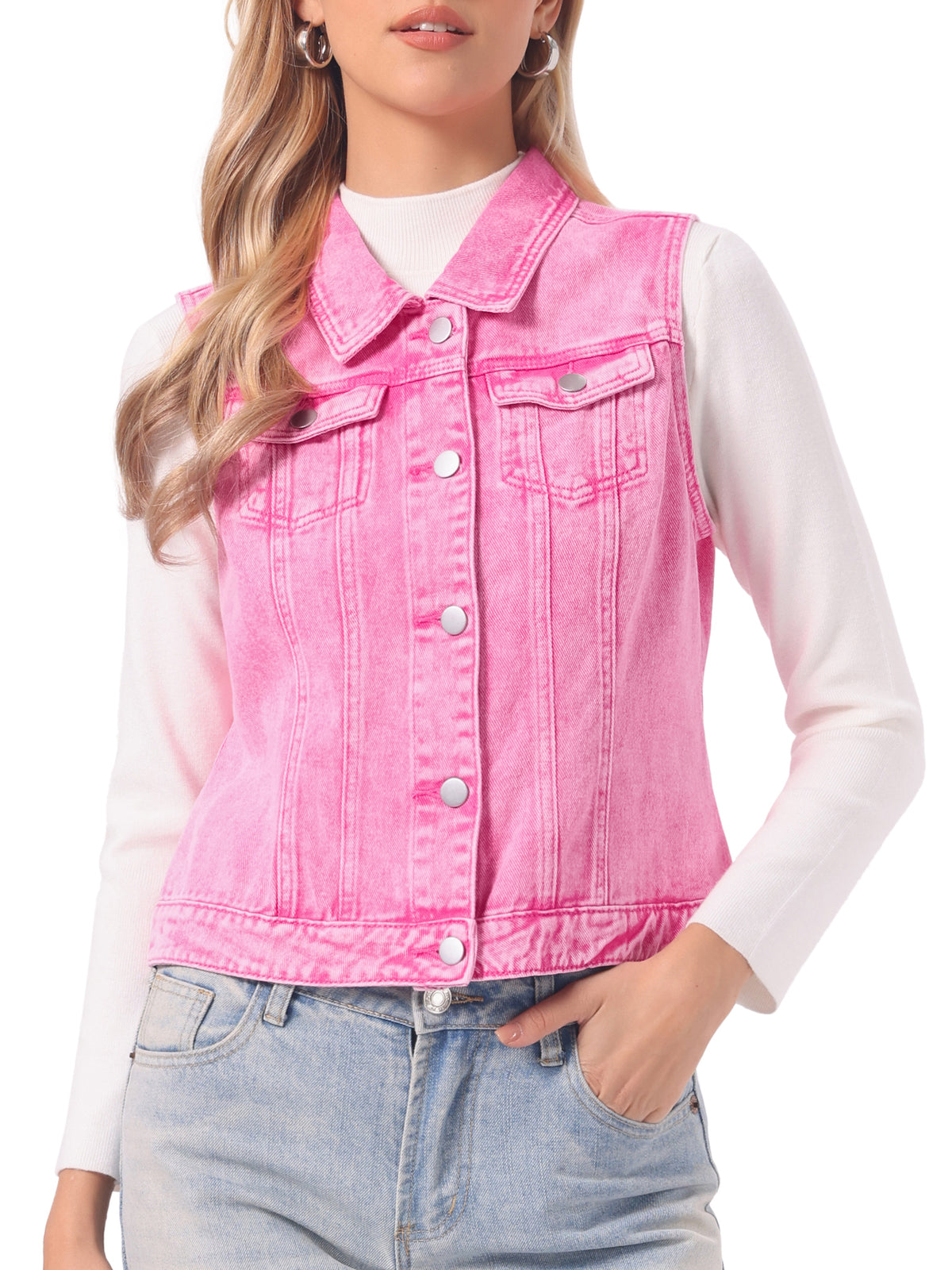 Women's Buttoned Washed Denim Vest Jacket W Chest Flap Pockets