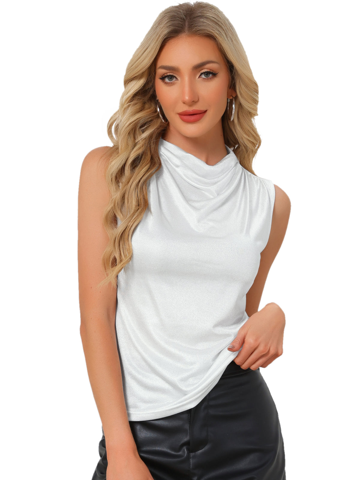Women's Cowl Neck Ruched Sleeveless Party Shiny Metallic Tank Top