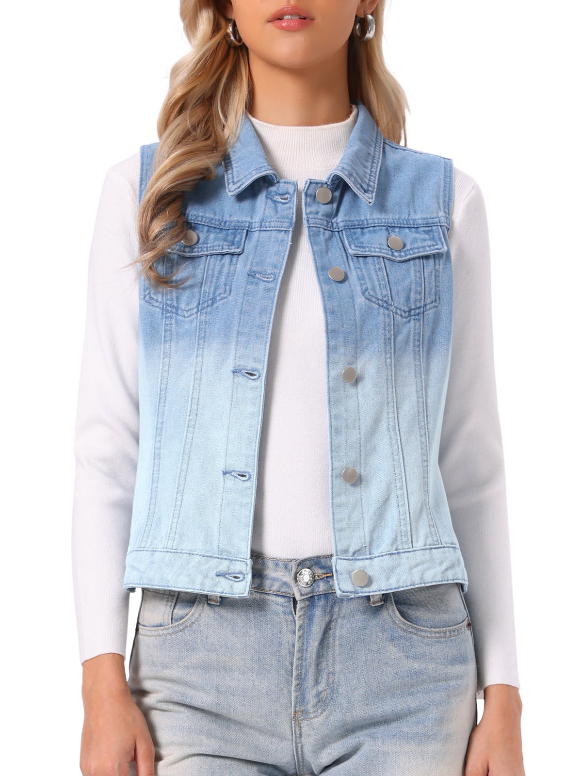 Women's Buttoned Washed Denim Vest Jacket W Chest Flap Pockets
