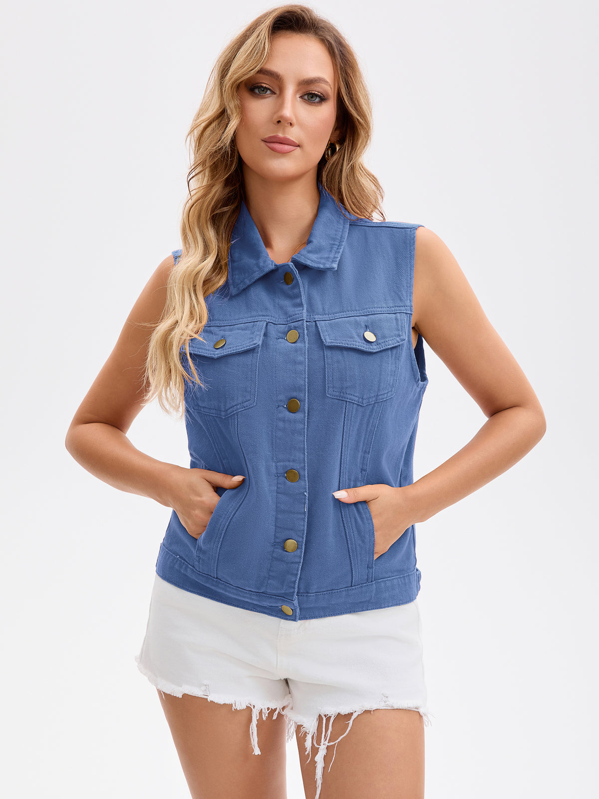 Women's Denim Vest Button Down Chest Flap Pockets Washed Distressed Sleeveless Jean Jacket