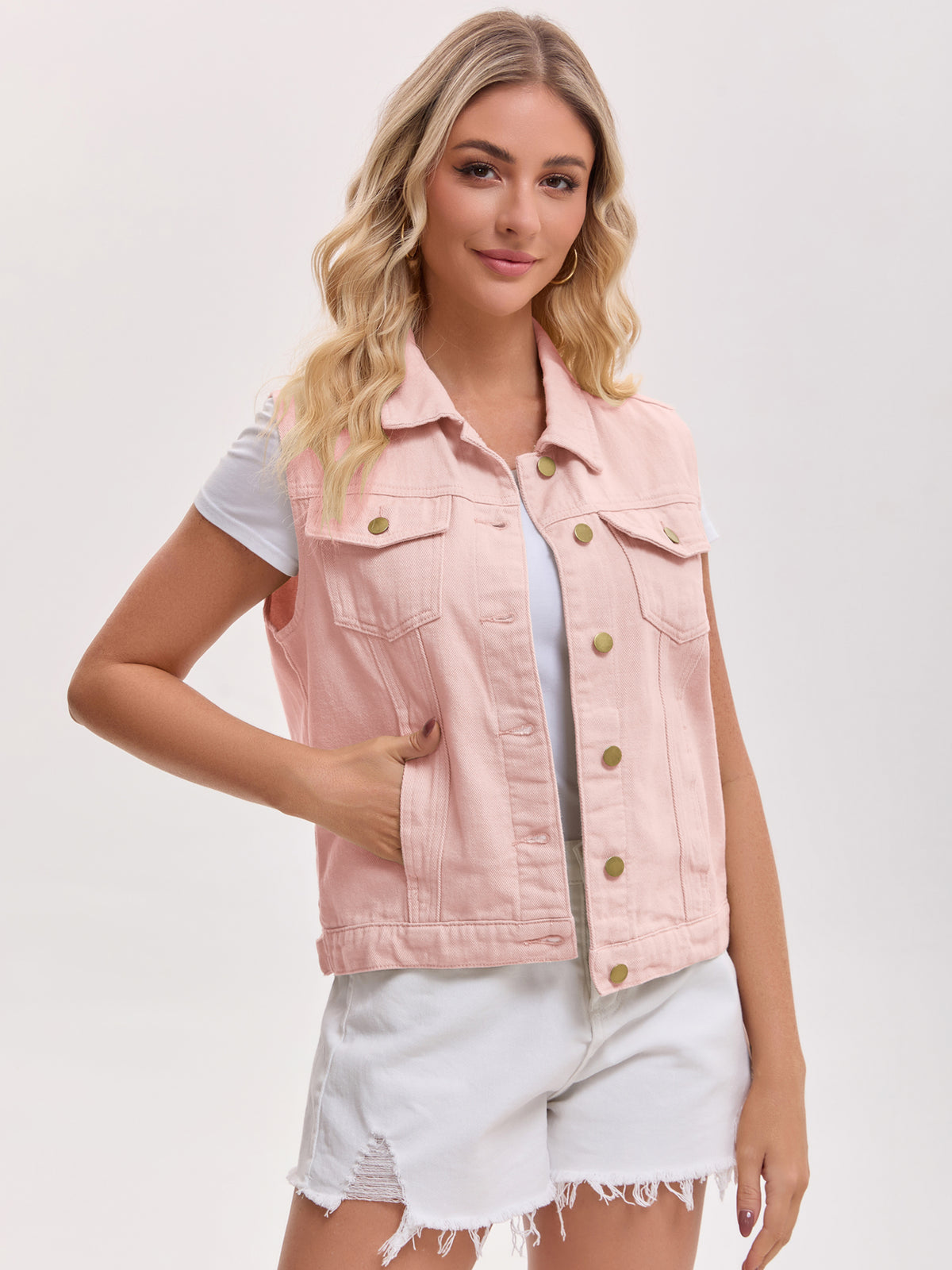 Women's Denim Vest Button Down Chest Flap Pockets Washed Distressed Sleeveless Jean Jacket