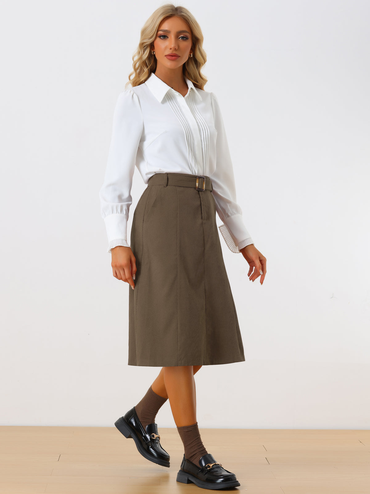 Women's High Waist Elastic Back A-Line Belted Winter Fall Midi Corduroy Skirt