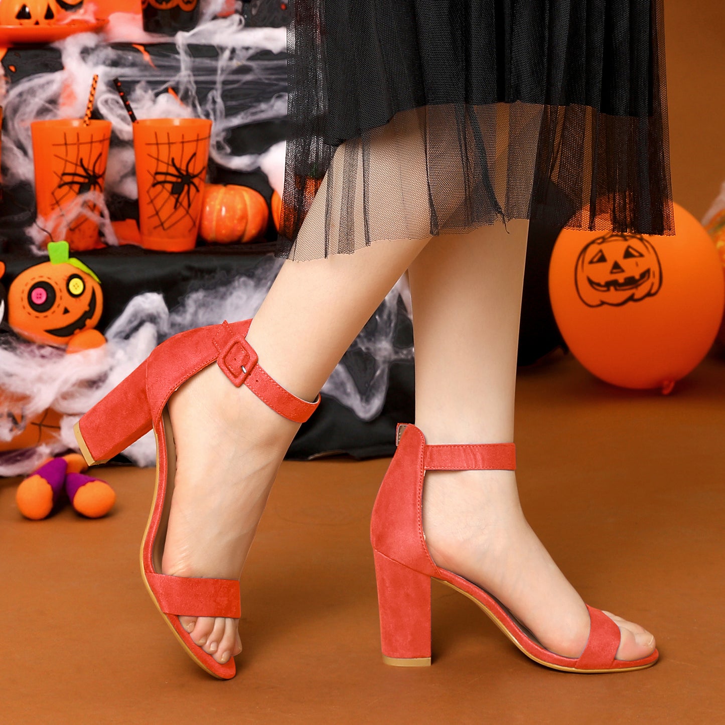 Allegra K Ankle Strap Chunky Block Heel Sandals Orange