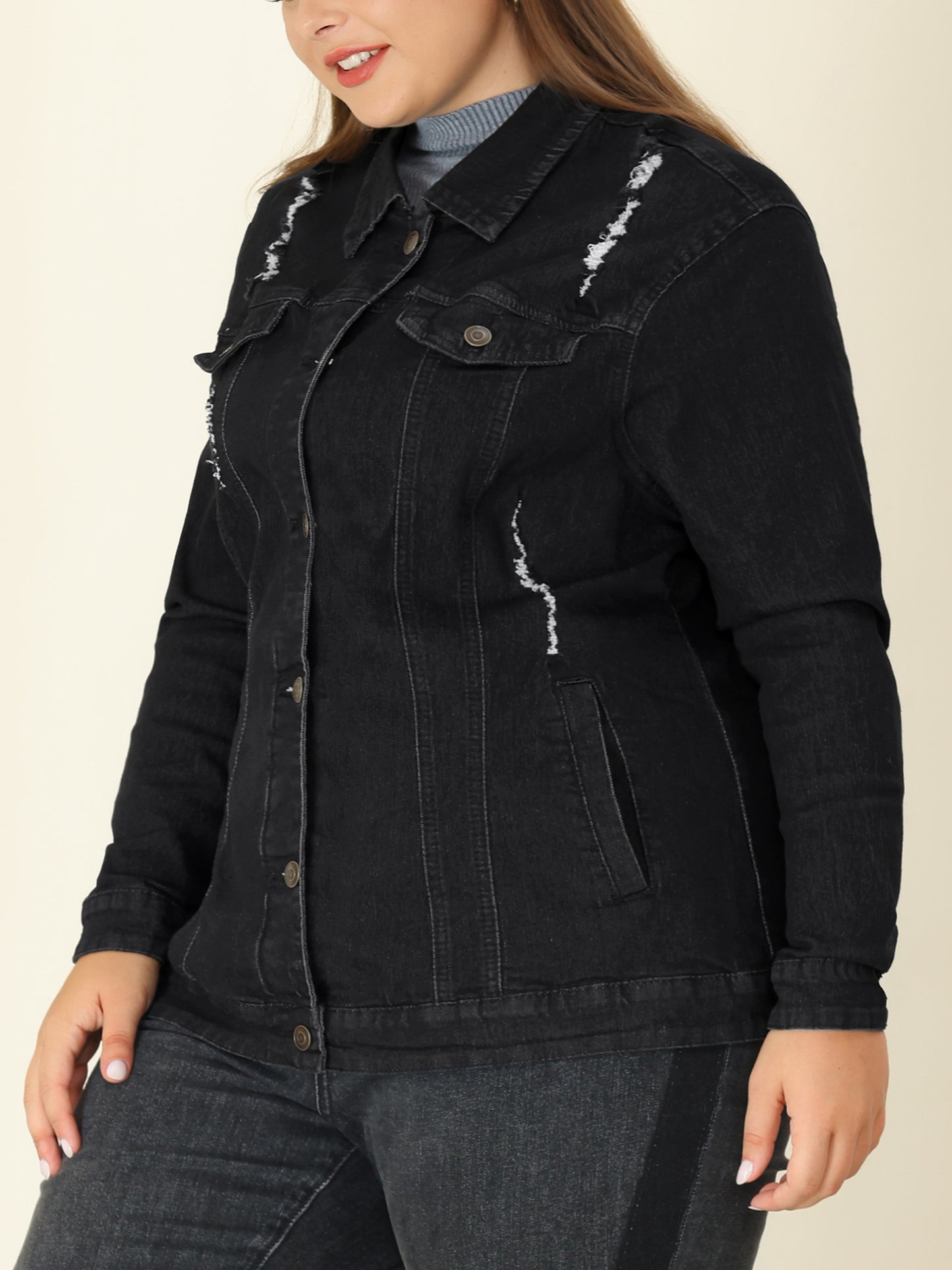 Agnes Orinda Plus Size Stitching Button Front Washed Denim Jacket Black Ripped