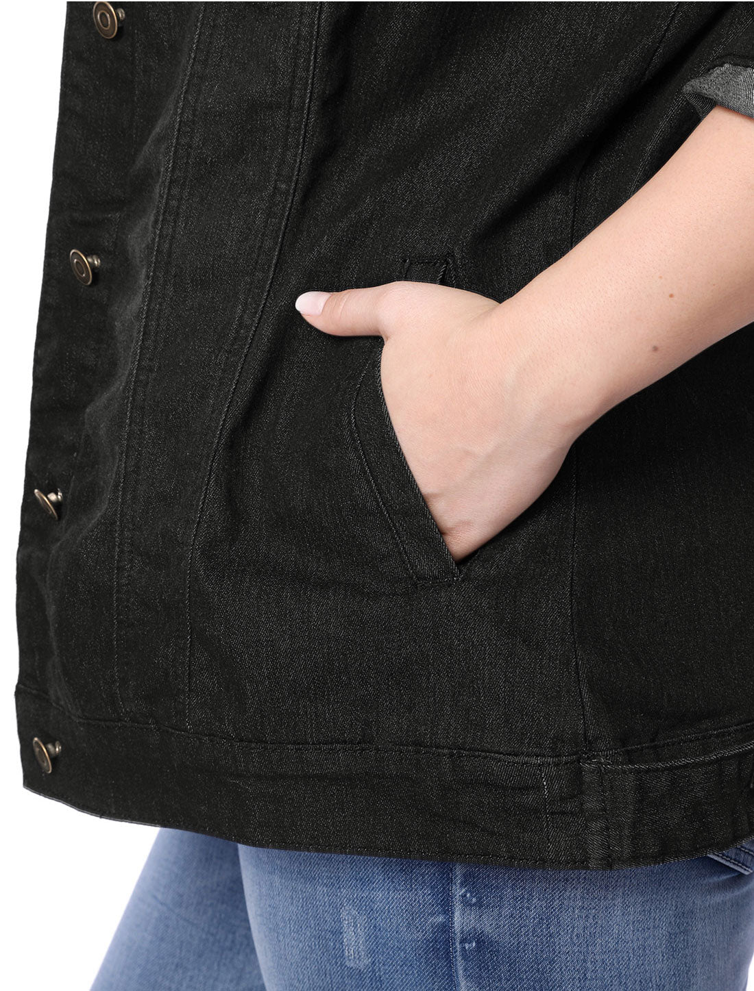 Agnes Orinda Plus Size Stitching Button Front Washed Denim Jacket Black