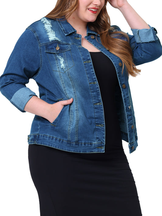 Agnes Orinda Plus Size Stitching Button Front Washed Denim Jacket Blue Ripped