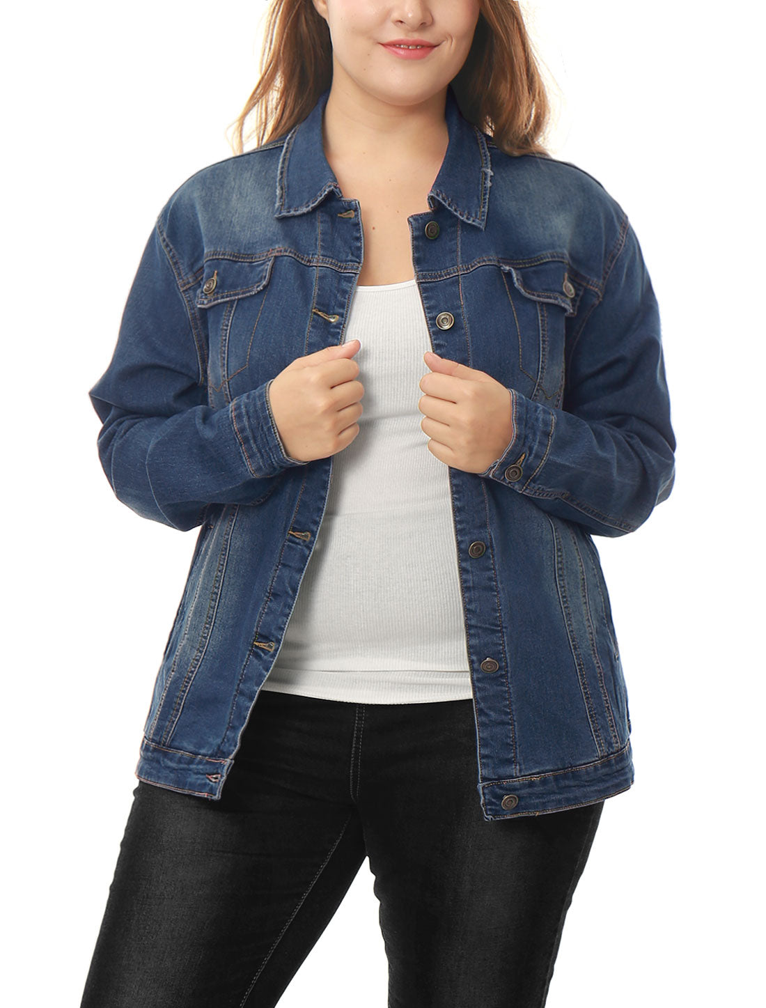 Agnes Orinda Plus Size Stitching Button Front Washed Denim Jacket Blue
