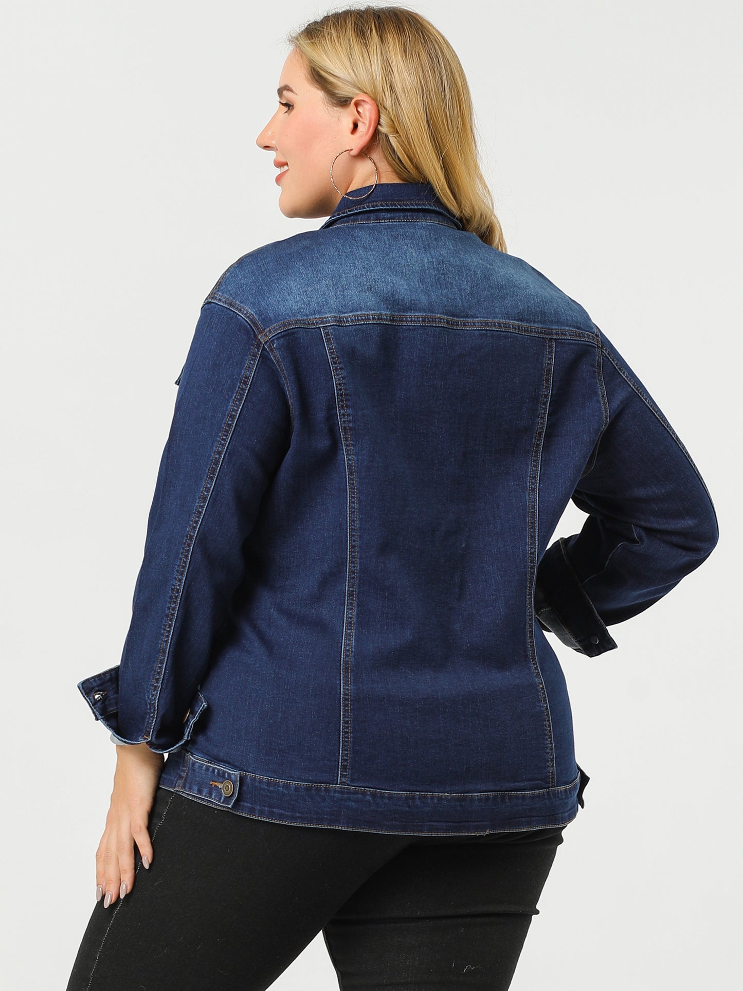 Agnes Orinda Plus Size Stitching Button Front Washed Denim Jacket Dark Blue